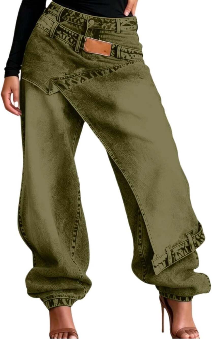 Y2K Brown Olive Cargo Pants Women’s Utility Wide Leg Asymmetrical Layered Waist